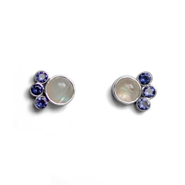 Rainbow Moonstone with Iolite Fan Sterling Silver Stud Earrings